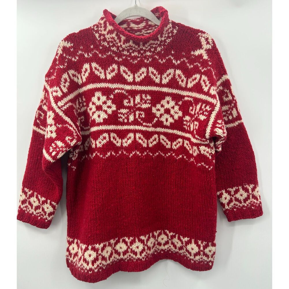 VTG Express Tricot Roll Neck Womens Red Cream Wool Nordic Fair Isle Sweater S